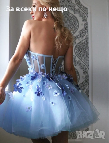 Нежна Тюлена Рокля С 3D Флорални Апликации В Небесносиньо Код Roni42, снимка 2 - Рокли - 54015714