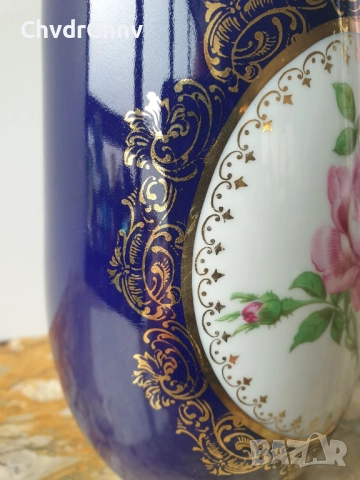 3бр вази Royal KPM 18-20-21см/КПМ Бавария стара немска порцеланова ваза/кобалт-цветя-злато-сребро, снимка 13 - Вази - 48897861