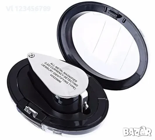 Мощна сгъваема метална лупа 40 x 25 mm LED/UV подсветка, снимка 6 - Колекции - 50700931