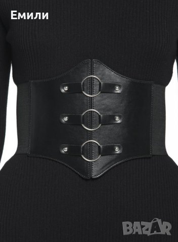 Черен кожен корсет за талия с халки 