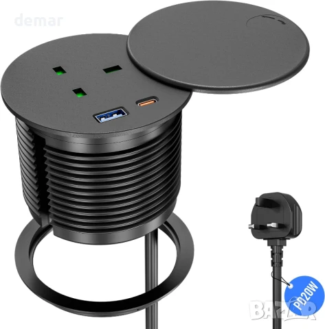 Вграден настолен контакт с капак, USB-C PD 20W,USB-A и USB-C,2 м кабел