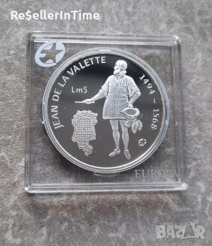 Възпоменателна сребърна монета 5 Liri Jean de la Valette, снимка 1 - Нумизматика и бонистика - 44794762