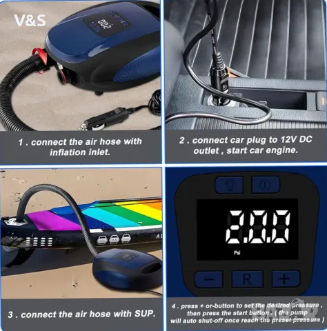 Електрическа  помпа за водни спортове, 20 PSI, SUP въздушна помпа с високо налягане, 12 V DC, , снимка 6 - Водни спортове - 47805482