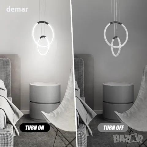 LED полилей Surpars House, модерна таванна лампа, 2 пръстена, регулируеми по височина, снимка 4 - Полилеи - 49709580