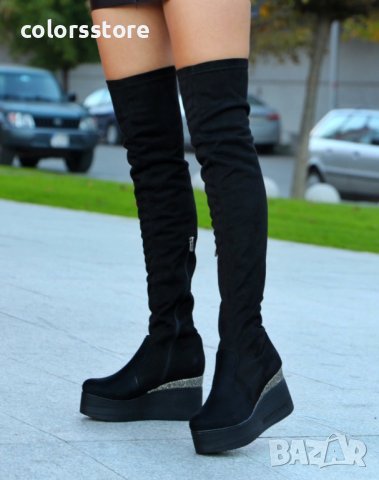 Ботуши на платформа - черен велур и брокат - 122K, снимка 3 - Дамски ботуши - 39357000