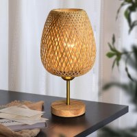 HHMTAKA Нощна настолна лампа с двуслоен бамбуков абажур, дървена основа, с крушка E27, снимка 5 - Настолни лампи - 44370857