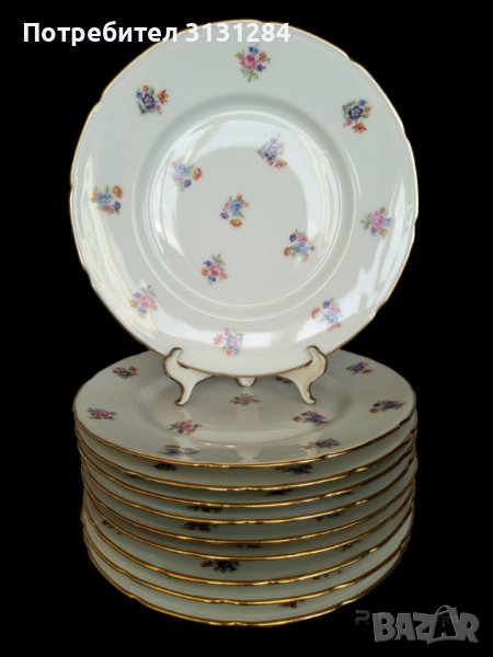 Антикварни френски чинии с букет Мейсен и златен кант Франция, снимка 1