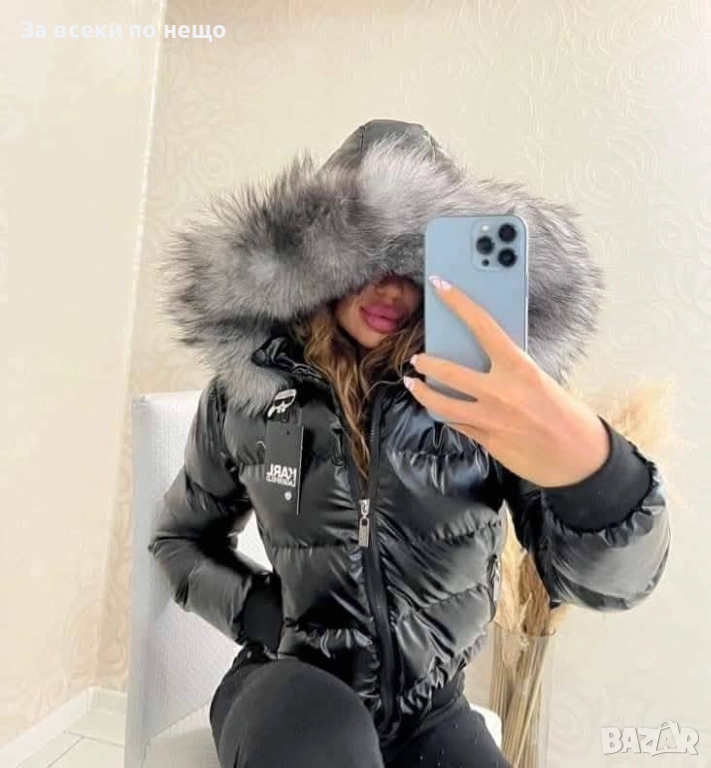 Karl Lagerfeld Дамско Черно Лачено Зимно Яке С Естествен Пух На Качулката Карл Лагерфелд Код W.S.O.4, снимка 1