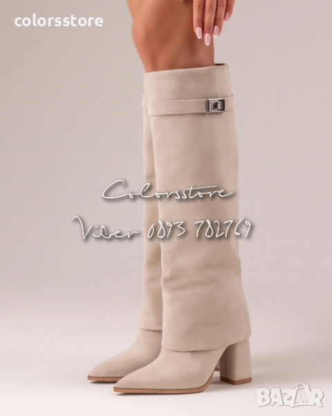 Ботуши на ток - бежов велур - KD105 , снимка 1