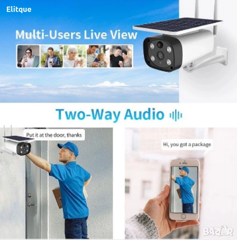 Външна соларна Wifi камера с ниска мощност ден и нощ; пълноцветна безжична WiFi HD камера за наблюде, снимка 1