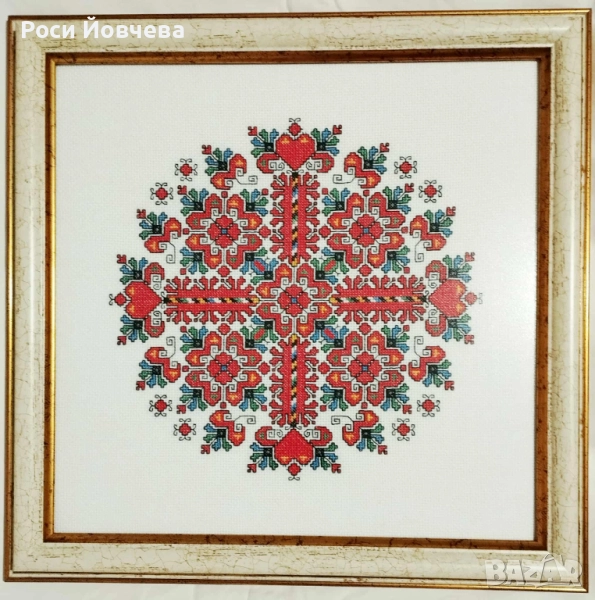 Ръчно бродирана Шевица елбетица "Влюбени сърца" bulgarian embroidery в рамка за подарък, снимка 1