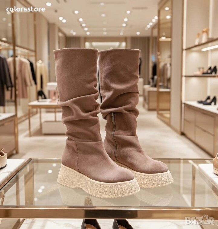 Равни ботуши - каки велур с бежово ходило - MKR18 , снимка 1