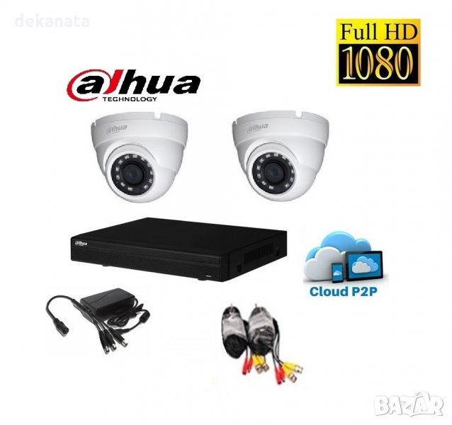 Full HD комплект DAHUA - DVR DAHUA + 2 куполни камери DAHUA 1080р + кабели + захранване, снимка 1