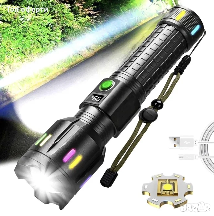 Мощен Алуминиев LED Фенер COBRA CB-G62 – 100W, 1000m Осветяване, 9800mAh Батерия, 5 Режима, USB Заре, снимка 1