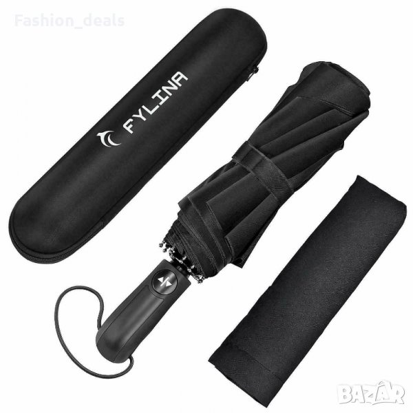 Нов Сгъваем ветроустойчив чадър автоматично отваряне Черен FYLINA , снимка 1
