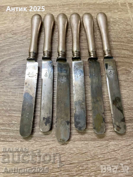 Комплект антикварни трапезни ножове (6 бр) с уникални клейма, снимка 1