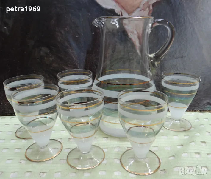 Пълен сервиз - кана и 6 чаши - от тънко фино стъкло, снимка 1