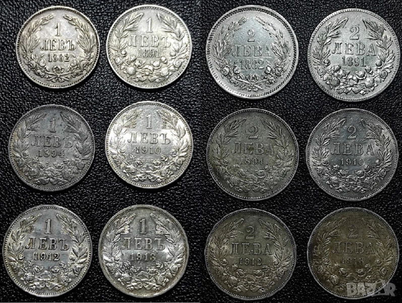 Лот Сребърни монети от 1 и 2 лева 1882, 1891, 1894, 1910, 1912, 1913 г. Сребро - Сребърна Монета 835, снимка 1