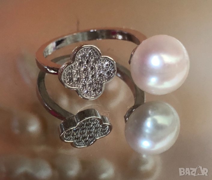 Пръстен с естествена, бяла перла от сребро, снимка 1