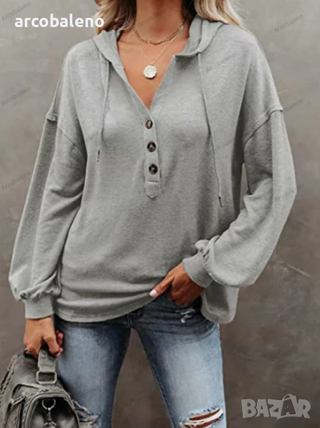 Свободна ежедневна блуза с качулка с V-образно деколте и дълъг ръкав, снимка 1