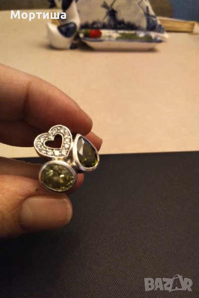  Масивен сребърен пръстен със зелен цитрин емералд  и бял циркон, снимка 1