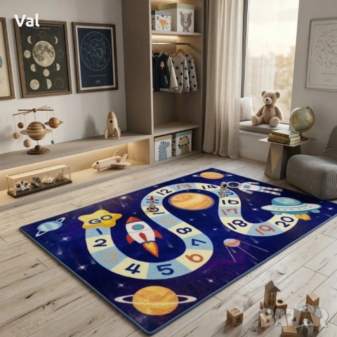 Детски килим за игра 120х160см - Тъмносин килим с космос и пътека от числа, противоплъзгащ и миещ се, снимка 3 - Килими - 53932513
