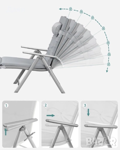 Сгъваем шезлонг с матрак 6см и възглавница SONGMICS 150кг, снимка 3 - Градински мебели, декорация  - 52008324