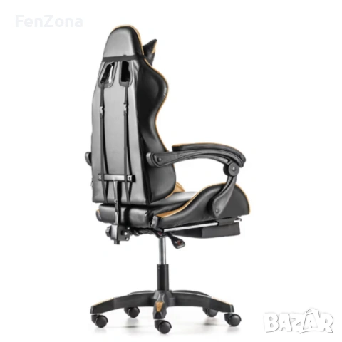 Черен геймърски стол с златисти акценти и разтегляема поставка за крака – луксозен комфорт без компр, снимка 4 - Столове - 54096553