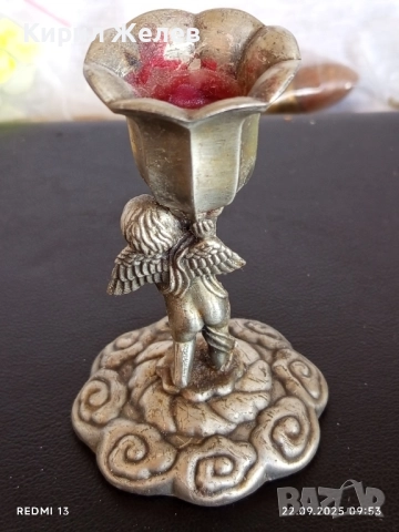 Стар метален свещник с Ангел много красив инкрустиран за КОЛЕКЦИЯ ДЕКОРАЦИЯ 50608, снимка 6 - Други ценни предмети - 51792018