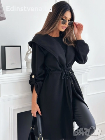 Дамско черно палто с връзки на талията и качулка, снимка 3 - Палта, манта - 51456610