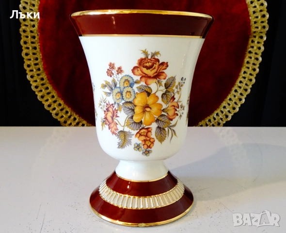 Немска порцеланова ваза PK Klaus Cutik,злато,цветя. , снимка 3 - Вази - 51824601