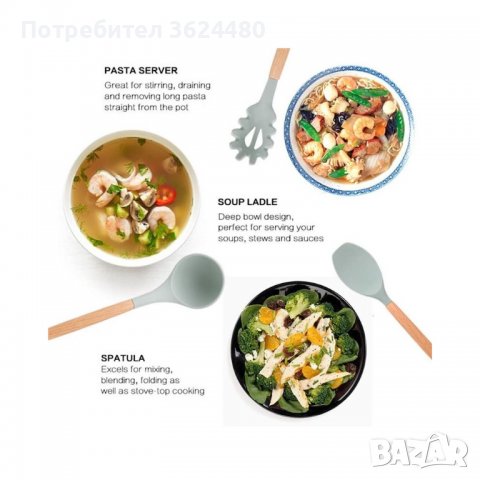 Комплект аксесоари за готвене Силиконови с дървени дръжки, снимка 18 - Прибори за хранене, готвене и сервиране - 39982609
