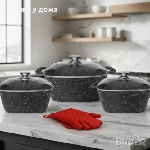 Комплект тенджери – Cheffinger от 3 части с мраморно покритие и капаци + подарък 2 ръкавици, снимка 3 - Съдове за готвене - 54170892