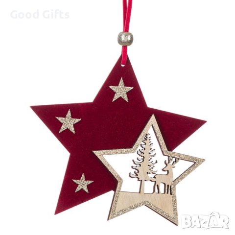 3 броя Дървени коледни висулки за елха, Две звезди с елени елха, 11см, снимка 2 - Декорация за дома - 42700679