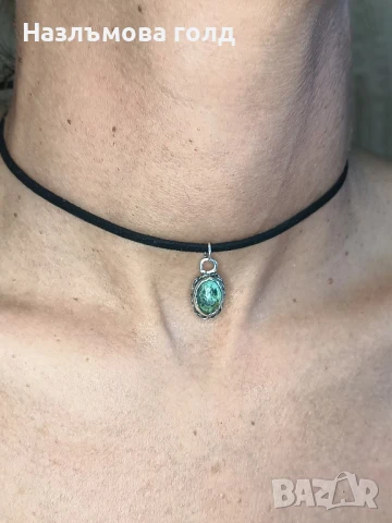 Сребърен чокър със зелен яспис, снимка 6 - Колиета, медальони, синджири - 50800668