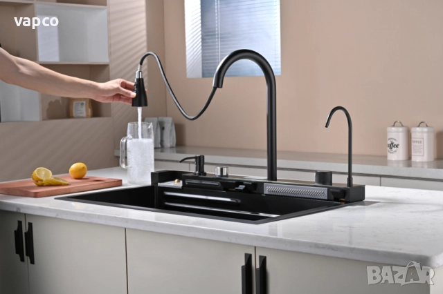 Черна мултифункционална кухненска мивка с двоен водопад , снимка 2 - Мивки - 52127972