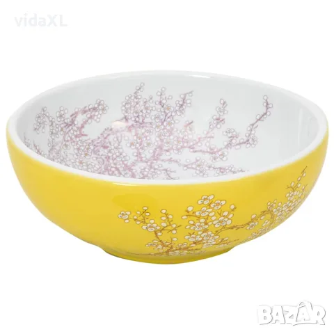 vidaXL Мивка за плот, бяло и жълто, кръгла, Φ41x14 см, керамика, снимка 3 - Мивки - 56146207