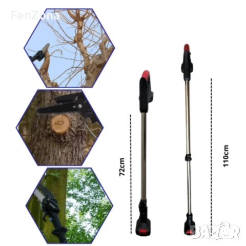 Акумулаторен мини верижен трион с телескопичен прът 21V – комплект за безопасно рязане на клони и дъ, снимка 2 - Градинска техника - 54049614