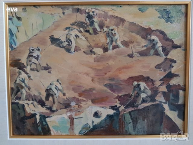 Георги Железаров 1897- 1982 Полагане основи на къща масло, снимка 3 - Картини - 38892080