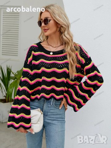 Дамски моден пуловер с дълги ръкави и кръгло деколте на райета, 2цвята - 023, снимка 6 - Блузи с дълъг ръкав и пуловери - 42305036