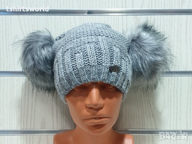 Нова зимна дамска шапка с 2 помпона/пуха Силвър стар, снимка 6 - Шапки - 30844325