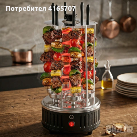 Електрическа скара за барбекю с 6 вертикални шиша – 1000W, автоматично въртене, без дим, снимка 3 - Скари - 54031532