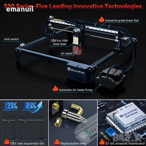 SCULPFUN S10-1400лв. S30-1400лв. 10W CNC лазер лазерно гравиране рязане, снимка 2 - Други машини и части - 36916119