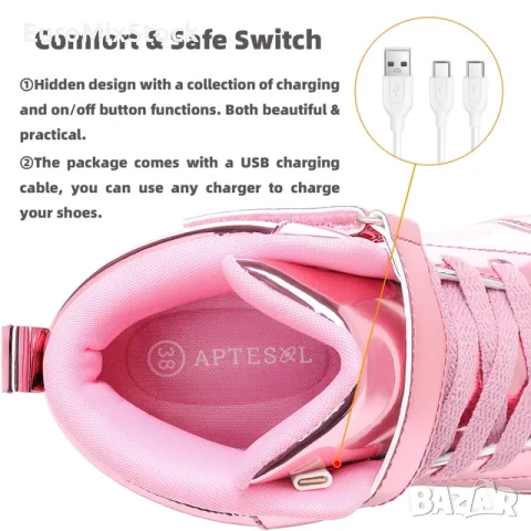 Светещи LED кецове APTESOL Розов Металик с USB зареждане, снимка 5 - Кецове - 55908378