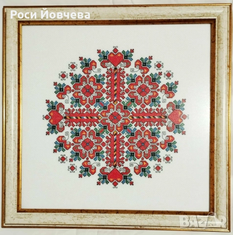 Ръчно бродирана Шевица елбетица "Влюбени сърца" bulgarian embroidery в рамка за подарък