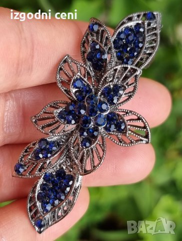 Красива луксозна метална щипка за коса със тъмно сини кристали , снимка 1