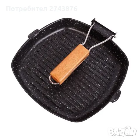 Грил тиган с мраморно покритие, Сгъваема дървена дръжка, Индукционно дъно - 24х24 см , снимка 1