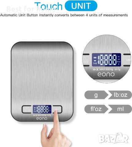 Цифрова кухненска везна Eono,неръждаема стомана,до 5 kg,градуиране 1g/0,05oz,, снимка 3 - Други стоки за дома - 42628155