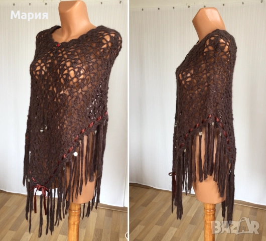 S / M / L Ново Дамско Марково Пончо Isla Ibiza Bonita Плетено Кафяво с ресни, снимка 14 - Блузи с дълъг ръкав и пуловери - 51822349