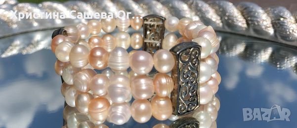  ГРИВНА с: естествени розови перли със сребърна пластина ., снимка 1 - Гривни - 30550014